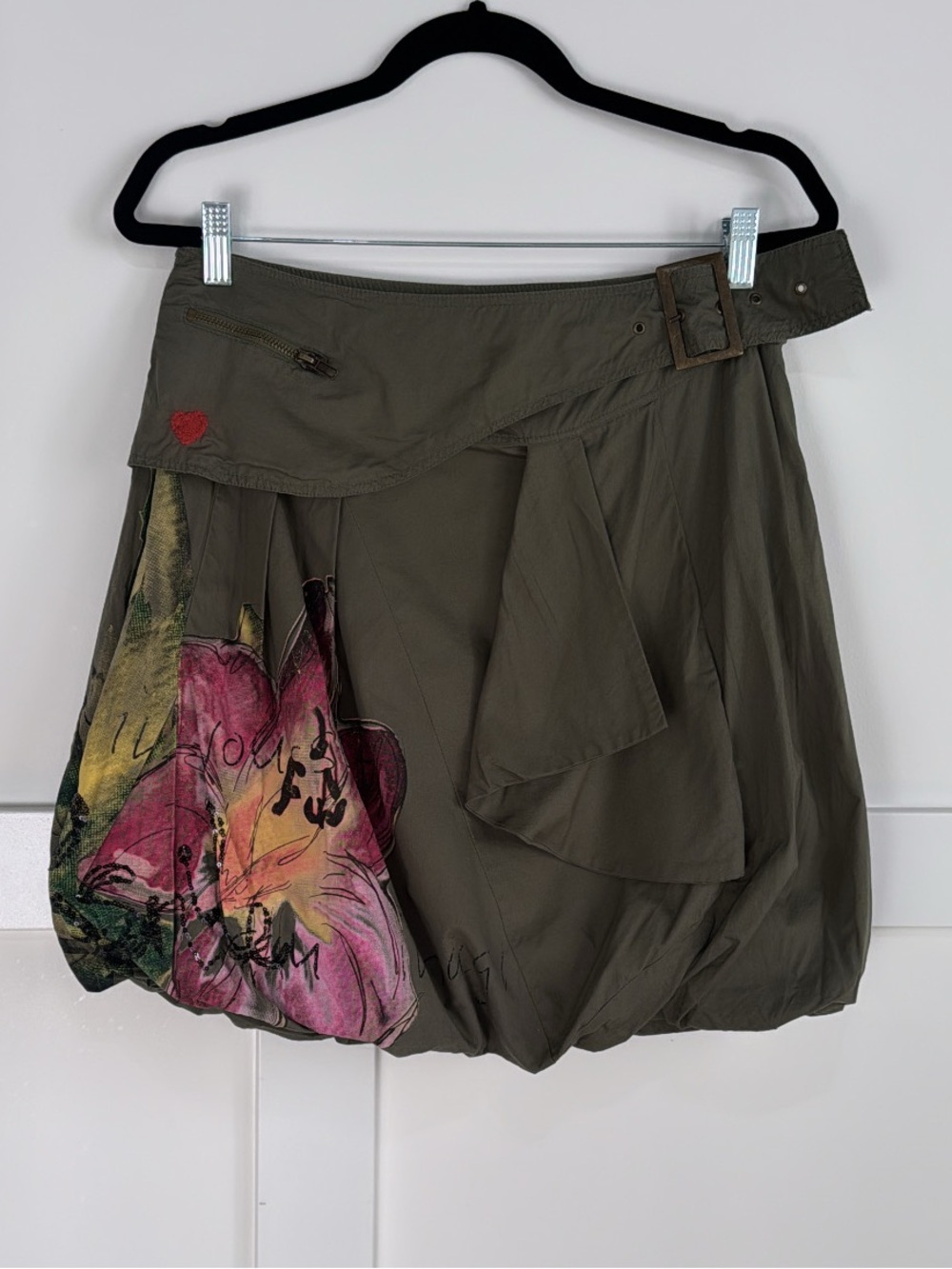 Desigual Santander Olive Green Bubble Skirt with Pink Floral Detail & sequins M